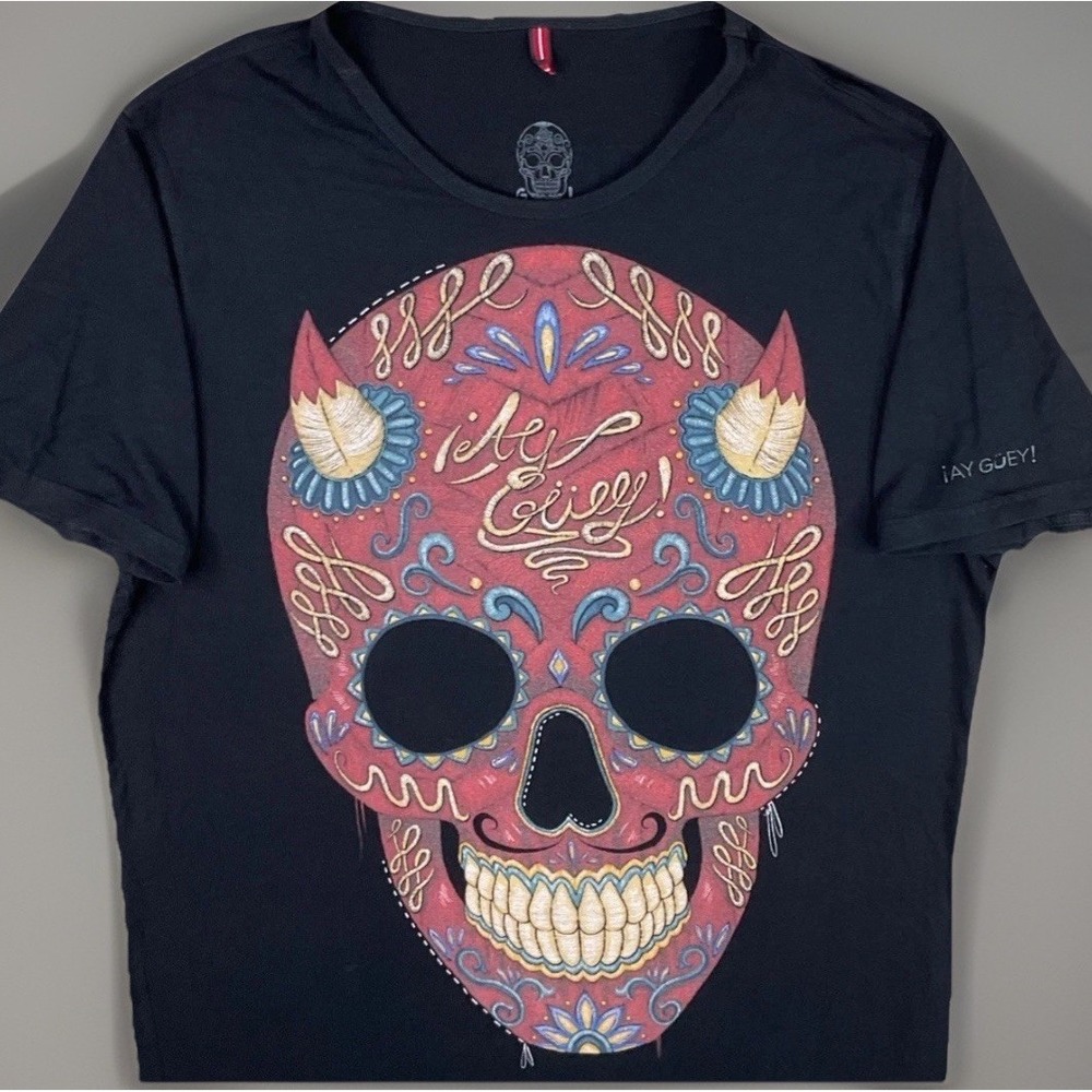 Ay Guey Skull T-Shirt Women Sz XL Graphic  Tee Mexican Art Dia De Los Muertos